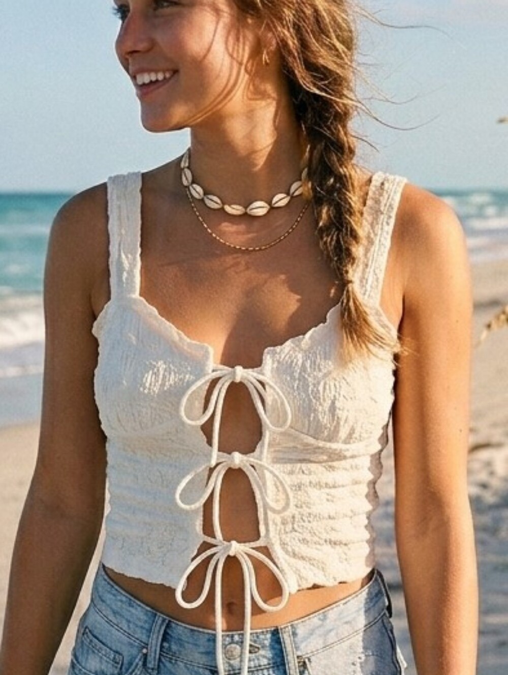 GLG Good Luck Gem White Textured Front 3-Tie Lace-Up Smocked Crop Top S